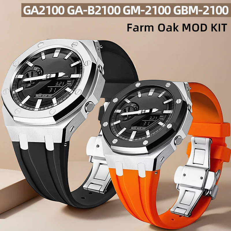 GA2100 Metal Case & Fluorine rubber Strap mod kit for Casio Farm Oak GA-2100 B2100 GM-2100 GBM2100 Replace FKM Band Accessories