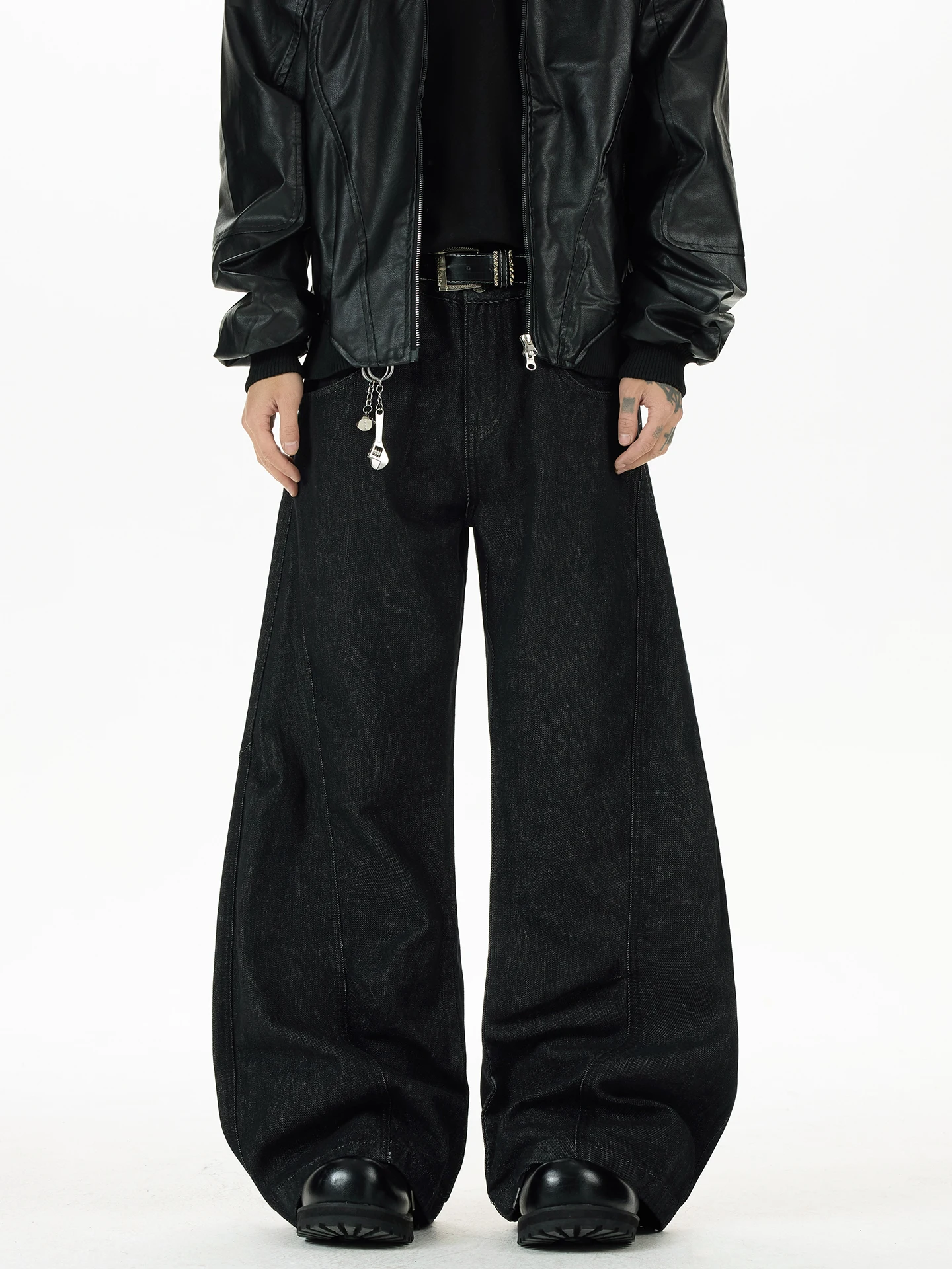 

BOYUE American Sle Waed Folded Knife Jeans Men's Wide Leg Pants Casual Cotton Polyester Blend Pure Color All Season