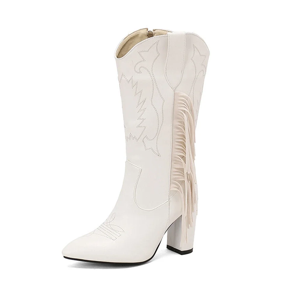 

Botas De Mujer, женские сапоги до колена с вышивкой, модные повседневные ковбойские сапоги на платформе с острыми кисточками и боковой молнией в стиле вестерн 8508