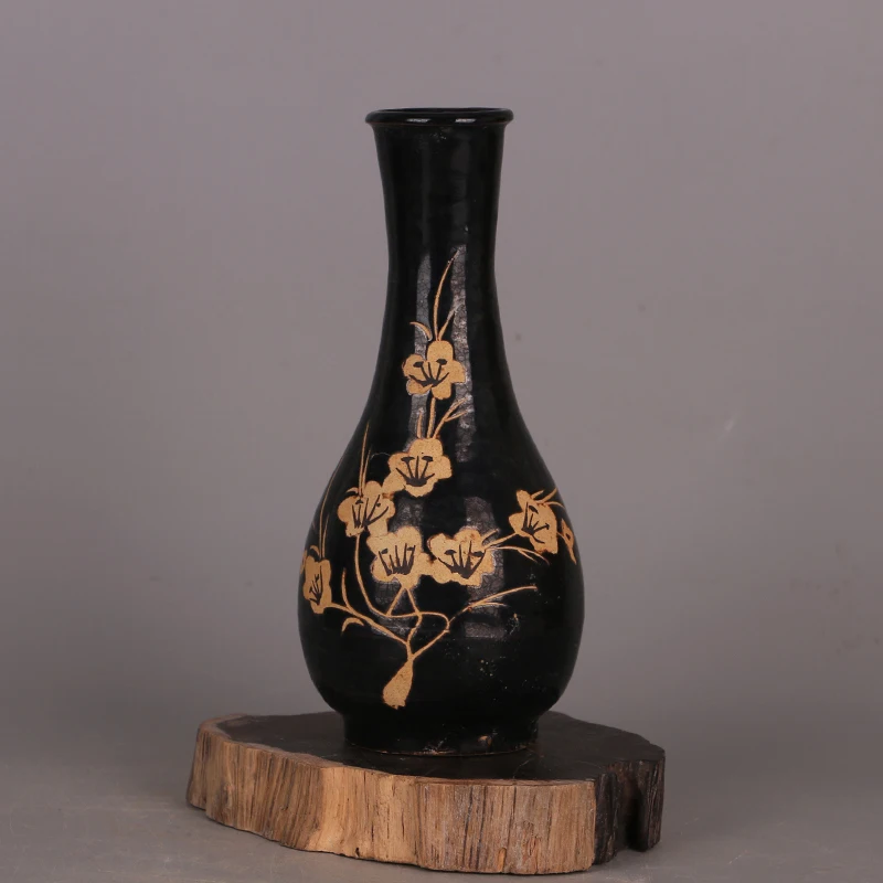 Imitation of Unearthed Old Antique Porcelain Home Decorations Jizhou Kiln Black Glaze Carved Garlic Vase Bogu Rack Collection