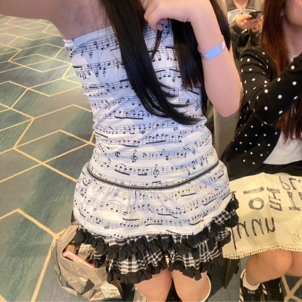 

Women's Artistic Music Note Print Tube Top - Lace Trim Slim Fit Sleeveless Vest, Cute Edgy Casual Daily Wear for Spring Summer