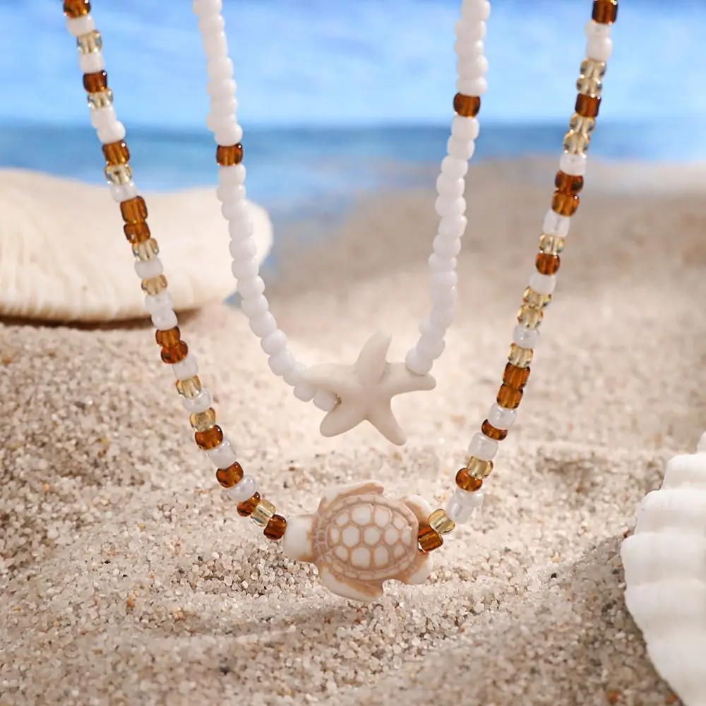 Shell Conch Shell Necklace Bilayer Boho Style Bohemia Beads Chain Choker Pearl Handmade Starfish Pendant Necklace Vacation