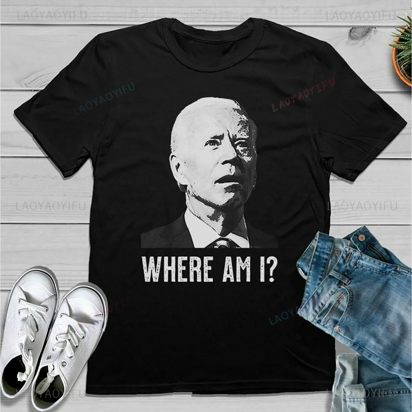 New Joe Biden Where Am I T-Shirt Funny Parody Politics Pop Culture Black T-Shirt Work Shirt Tee