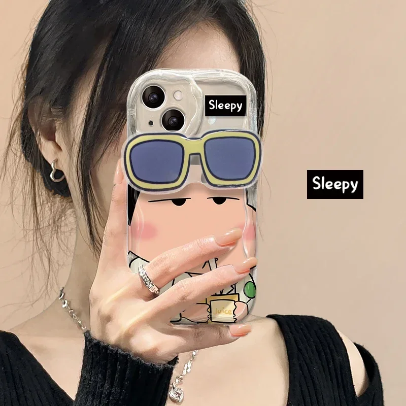 C-Crayon S-ShinChan Glasses Support Wave Case for iPhone 16 15 14 11 Pro Max 13 12 Mini XR XS X 8 7 Plus SE 2020 Silicone Cover