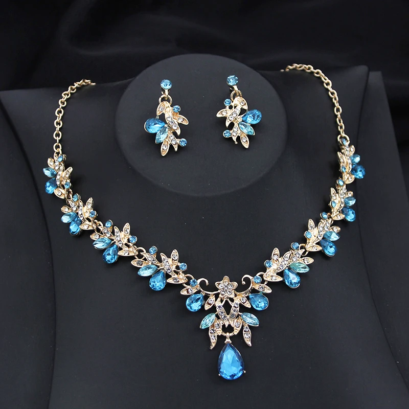 Exquisite 2 pcs set Flower Pink AB crystal bridal wedding jewelry sets for women dangle earrings and necklace sets Blue Green