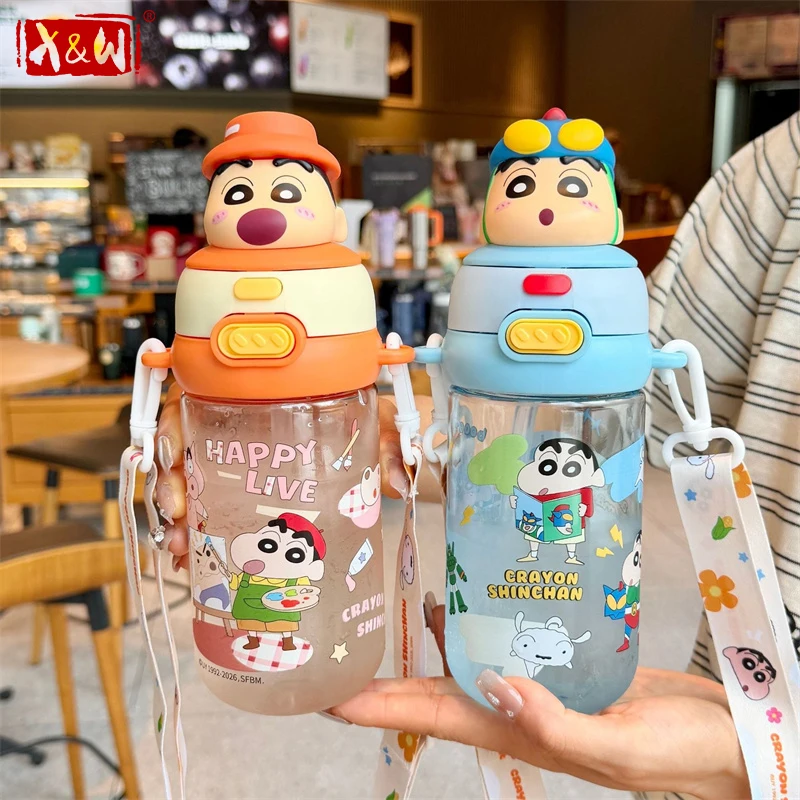 X&W Crayon-Shin-Chan Plastic Cups BPA-free Straw Water Cup with Dolls Lid Leak-proof Sports Kettle Outdoor Travel Water Utensils