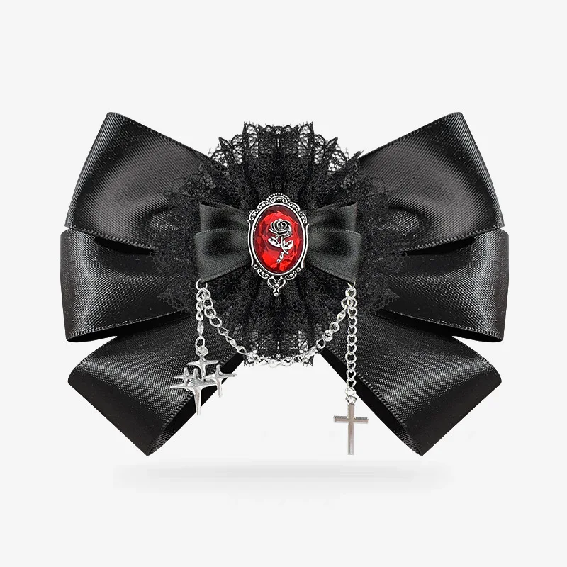 Dark Retro Women's Black Lace Bow Brooch Bat Cross Pendant Vintage Gothic Collar Pin for Halloween Party Coat Shirt Accessory