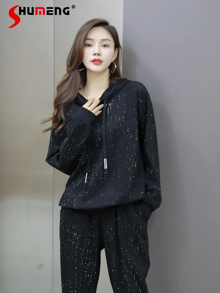 

Fashion Suit Women's Over Size 2024 Spring New Rhinestone Slimming Loose Youthful-Looking Long Sleeve Solid Color Two-Piece Set