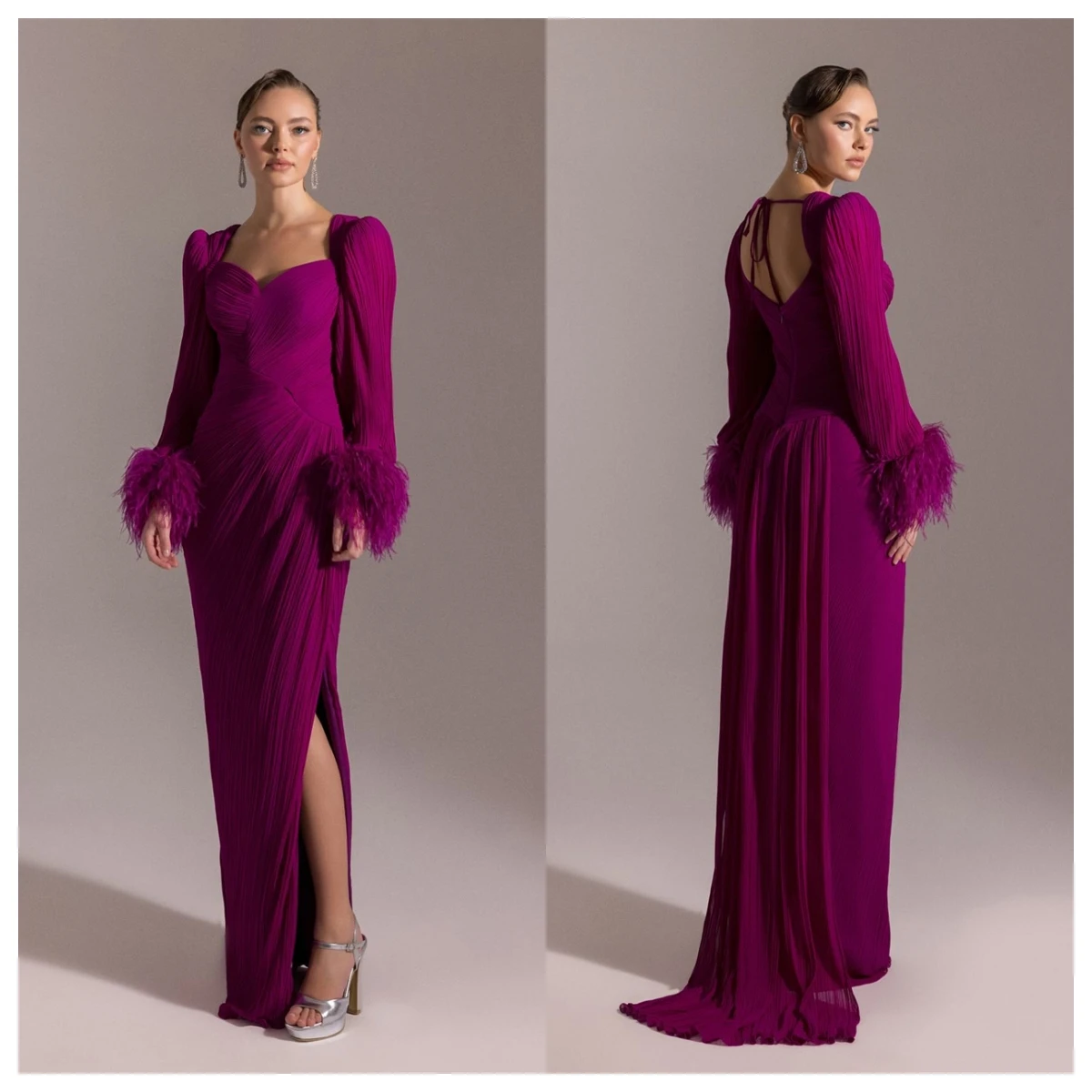 customizedCustomized Graceful Purple Chiffon Evening Dress Sweetheart Long Sleeves Homecoming Dress Delicate  Feathers Vestido D image 2