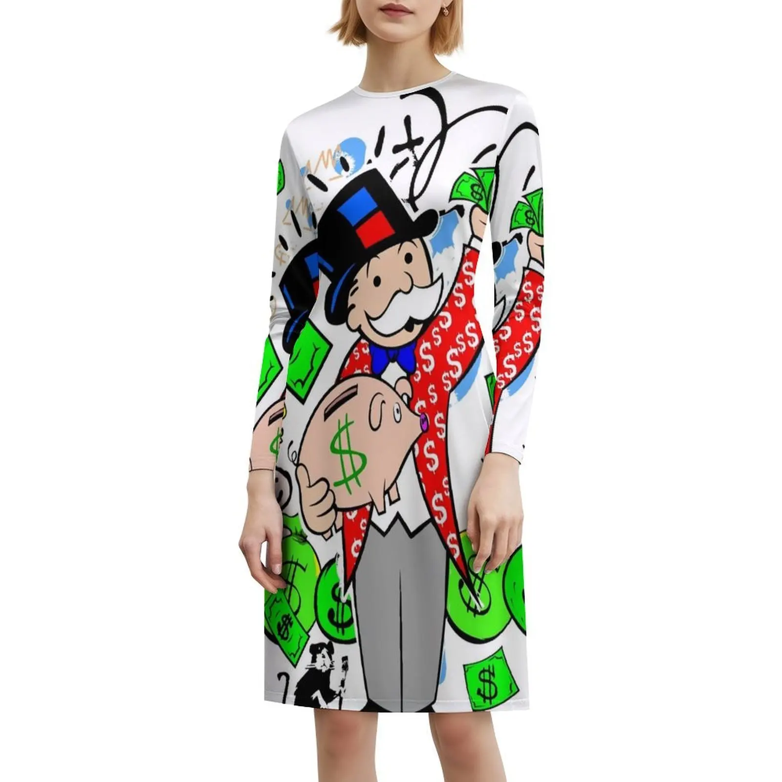 فستان حفلات أنيق للسيدات من Holding Piggy Bank فستان على شكل حرف a مع خيارات قصيرة/طويلة/بدون أكمام للرجال موضوع أموال الدولار سعيد #6