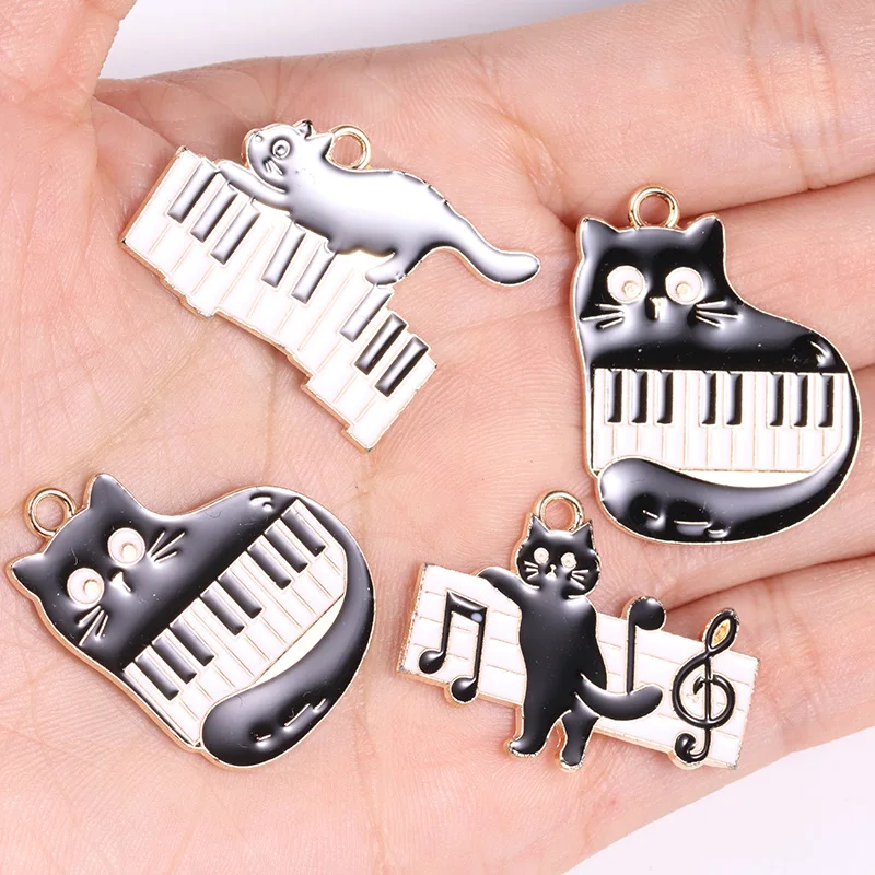 10Pcs/Lot Enamel Cartoon Series Cat Pendant Punk Style Piano Notes Animal Charm DIY Necklace Bracelet Jewelry Making Accessories