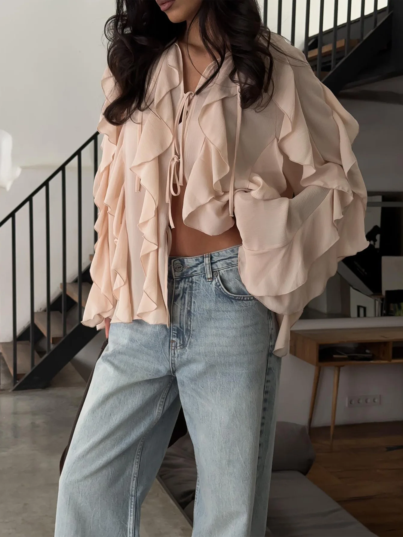 Women's Chiffon Shirt Summer New Elegant Fashion Lotus Leaf Edge Splicing Design V-Neck Strap Loose Long Sleeve Chiffon Shirt