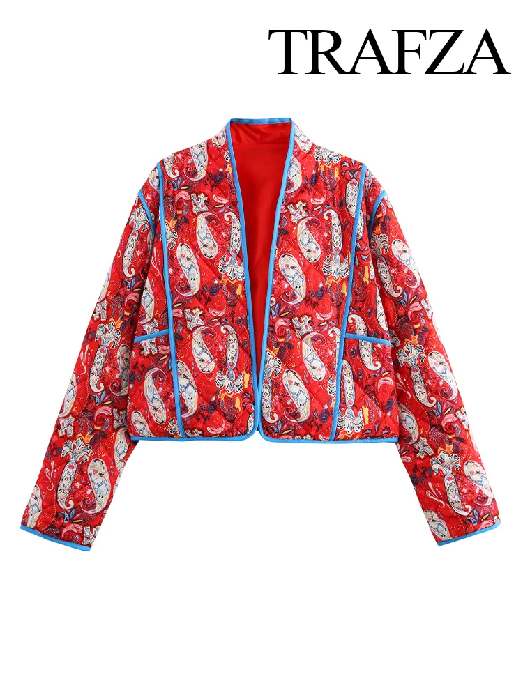 TRAFZA Women Winter New Fashion Retro V-Neck Red Printed Long Sleeve Cotton Jacket Female Elegant High Street Warm Short Jacket