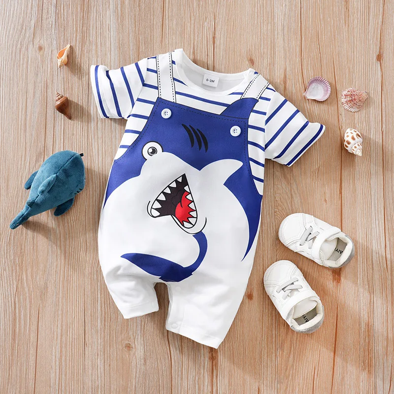 Baby Boys Summer Bodysuit Cute Cartoon Shark Comfortable Round Neck Clothes Short Sleeves Baby Crawling Robe