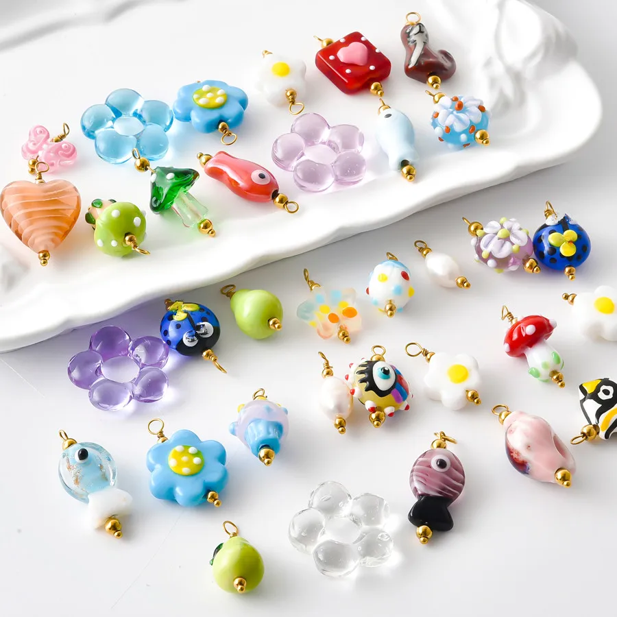 4/6Pcs Dopamine Glass Sea Fish Butterfly Pendentif Hand-Painted Millefiori Colorful Flower Mushroom Charms Jewelry Wholesale