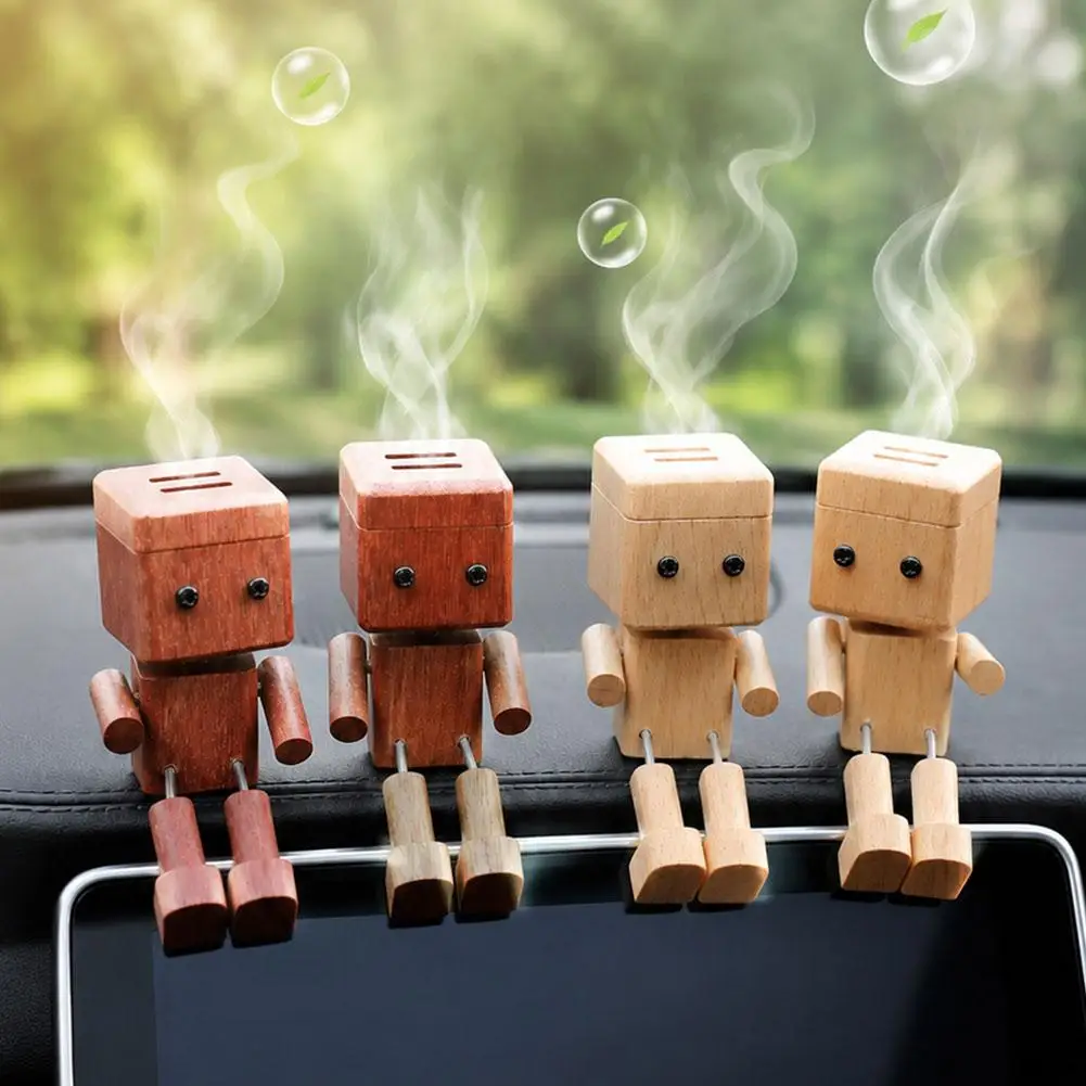 Cute Wooden Robot Car Air Freshener Natural Wood Robot Shape Car Diffuser Ornament Auto Interior Decor Fragrance Holder