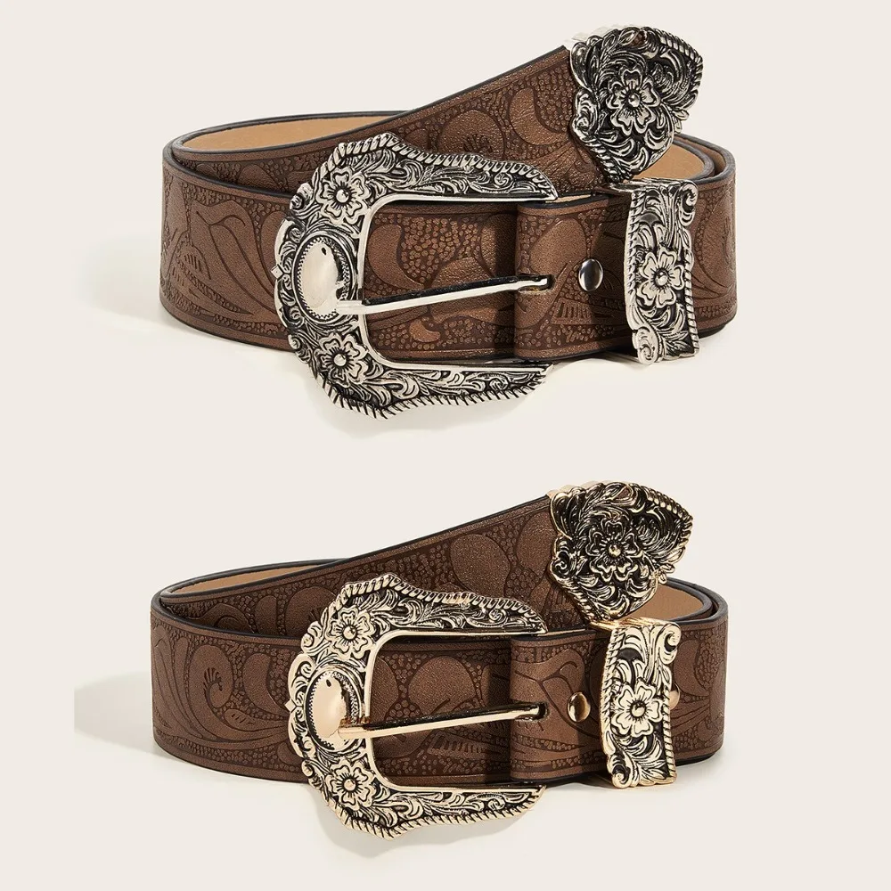

Casual Vintage PU Leather Waistband Versatile with Metal Caved Buckle Cowgirl Waist Belt Y2k Pin Buckle Belt