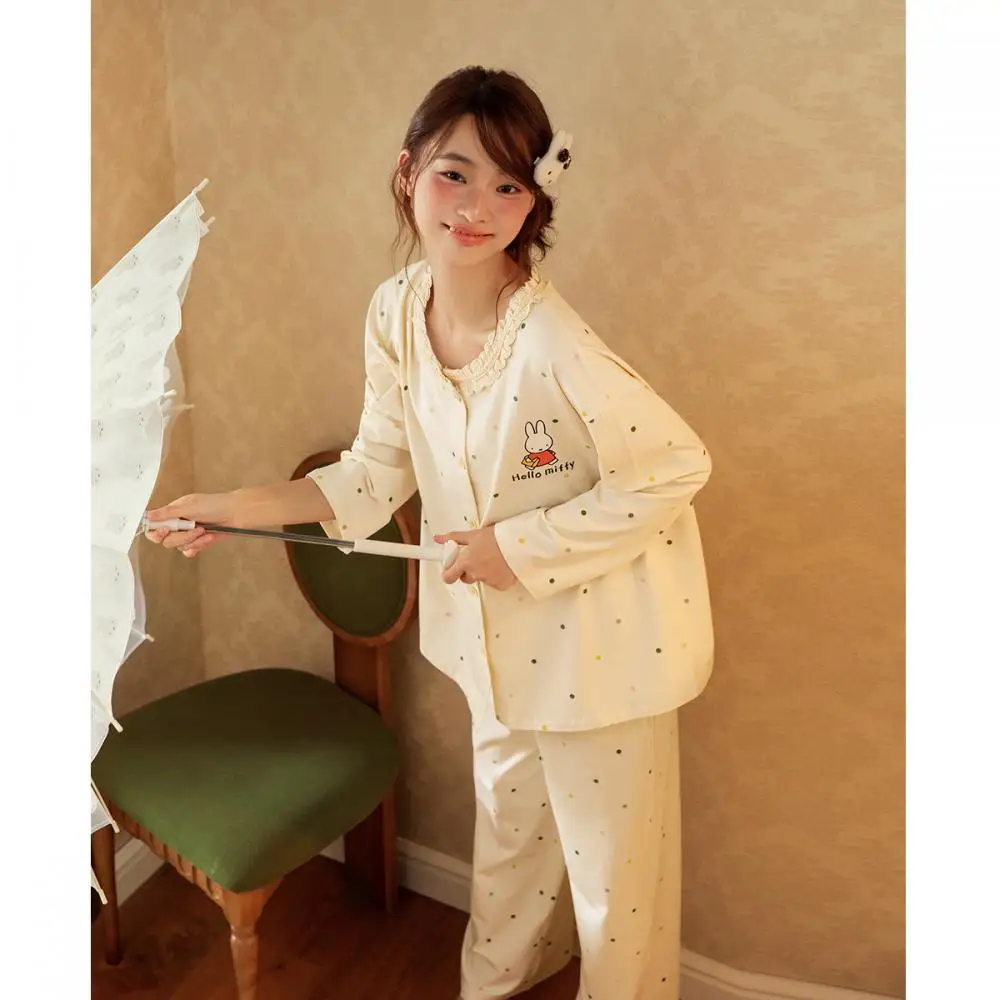 طقم بيجامات أرنب منقط من ميفي قميص وسراويل قطنية ناعمة باللون البيج بأكمام طويلة ملابس نوم للنساء ملابس نوم تصميم أنيمي لطيف #5