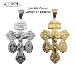 ACEROLL Stainless Steel Catholic Pendant of Pardon Crucifix, Cross of Forgiveness, Spanish Version