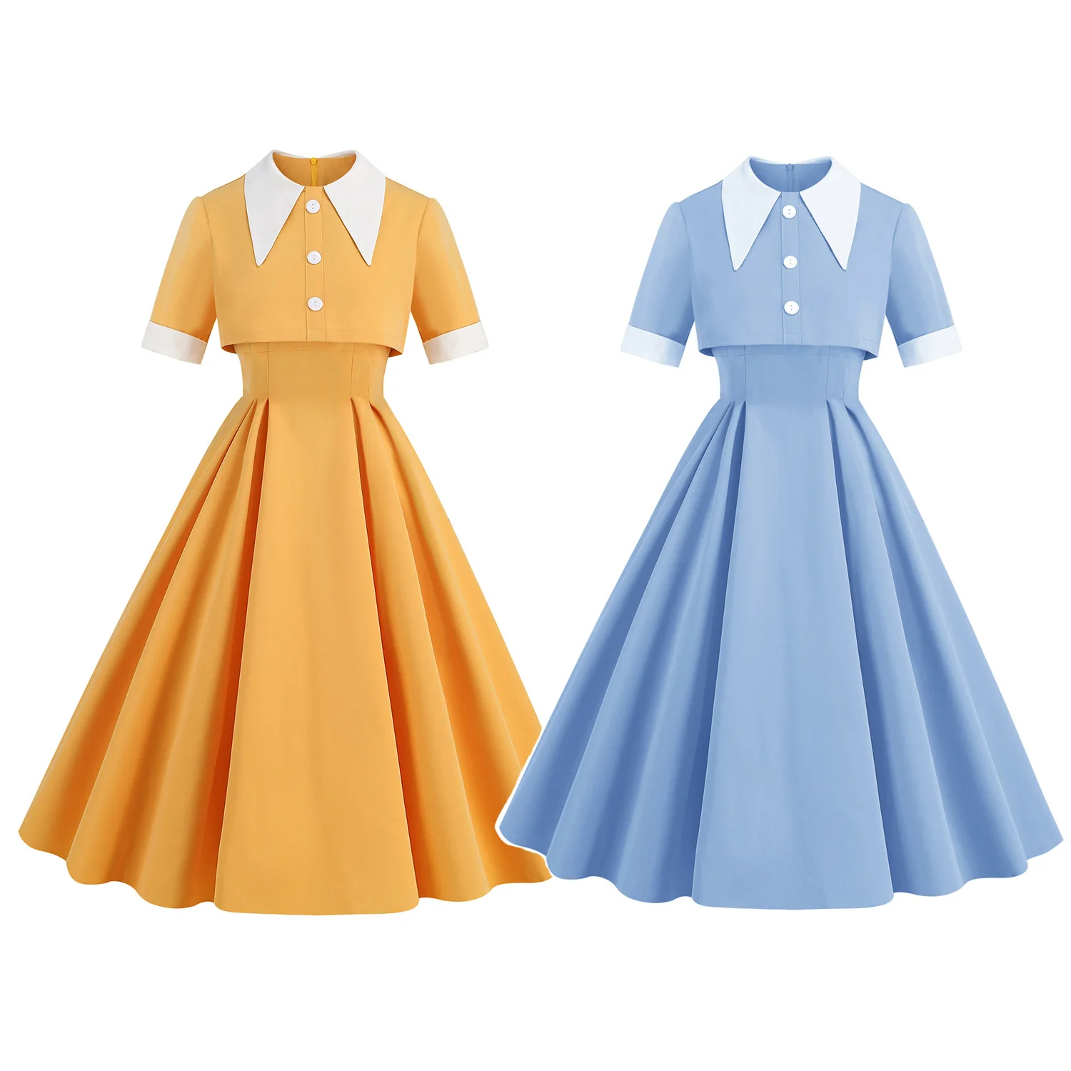 Women Vintage Two-pieces Dress 1950s 40s Swing Dress Rockabilly Cocktail Tea Party Dress WIth Belt Casual Dress Short Sleeves