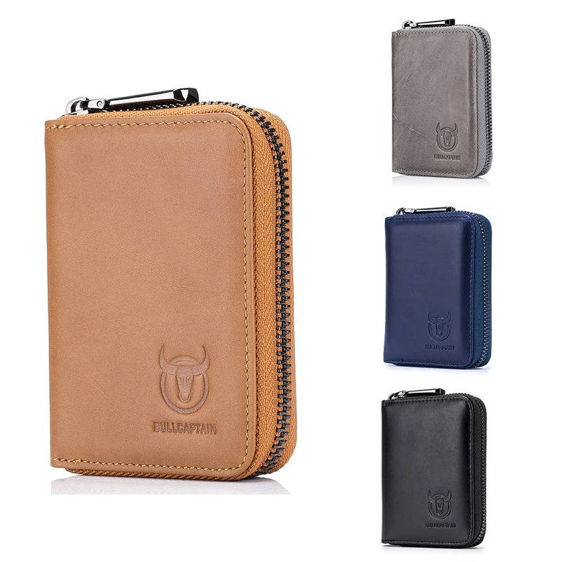 BULLCAPTAIN Leather Men Wallet Card Pack Zipper Card Case Holder Credit Card Bag Short Coin Purse