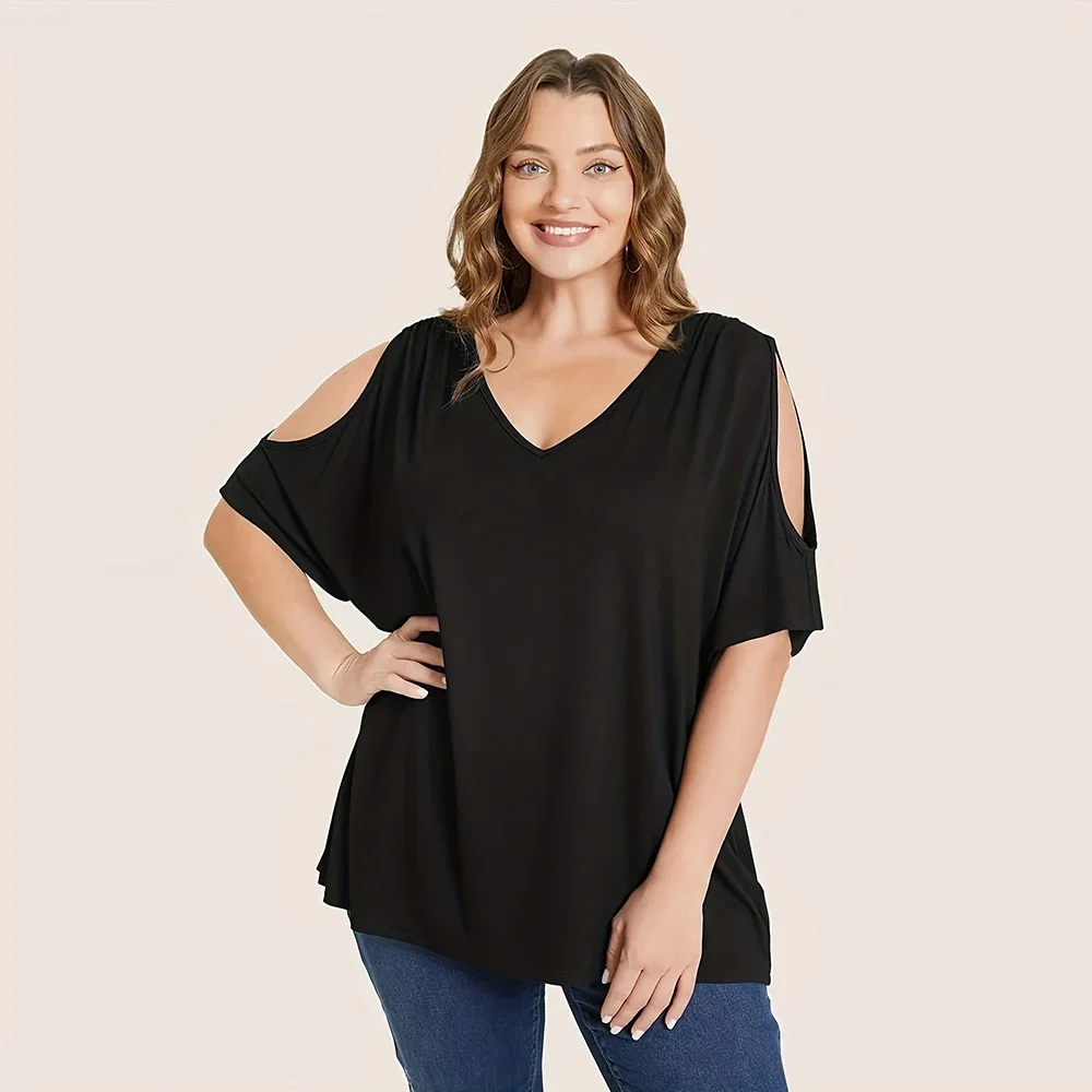 

Women Casual Plus Size T-Shirt Hollow Out Short Sleeve V-Neck Summer Top Streetwear Daily Retro Loose Solid Female T-Shirts Tees
