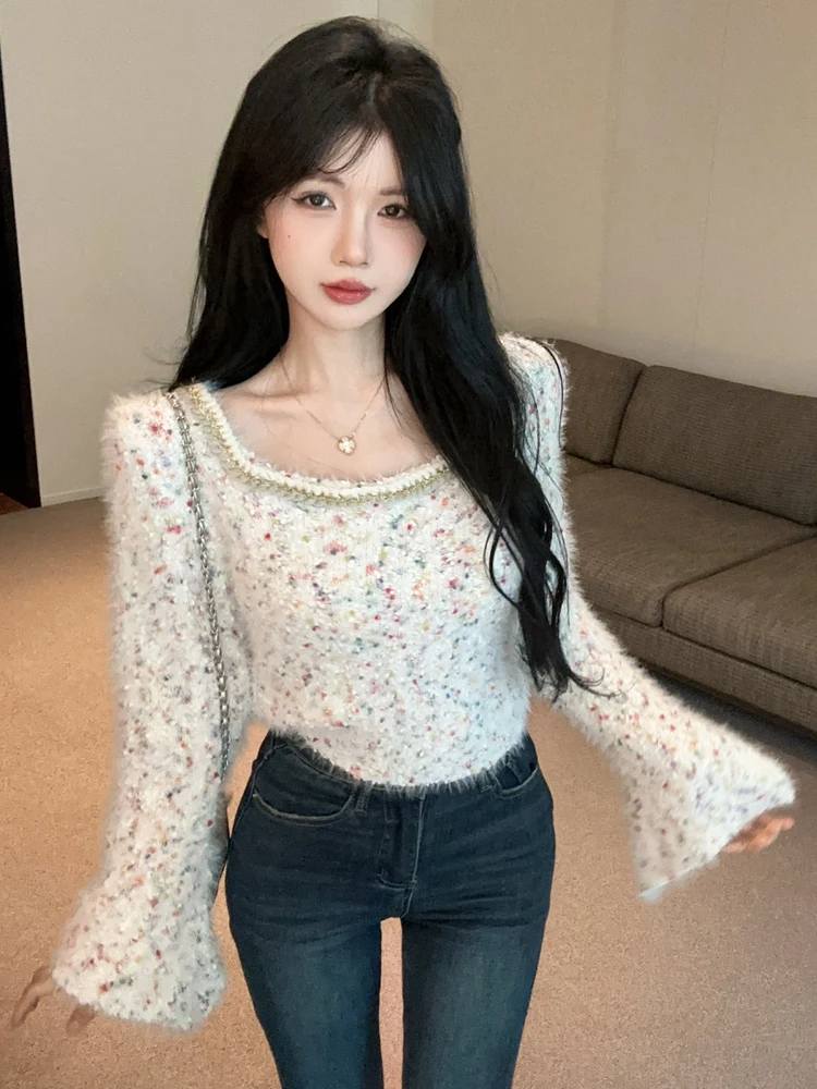 

Autumn Elegant Fashion Sweet Mink Knitted Tops Korea Women's Vintage Flare Long Sleeve Slim Sexy Pullover Sweaters
