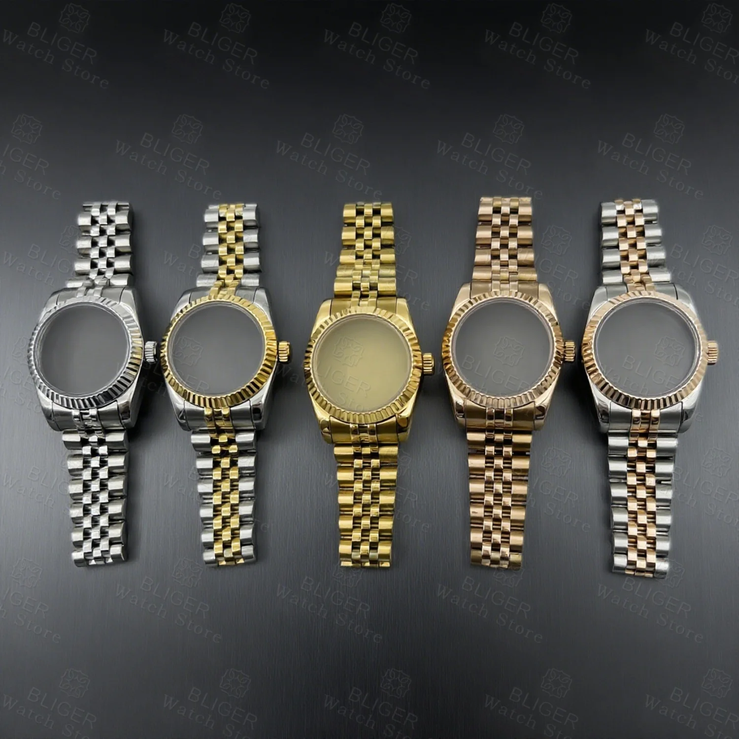 

BLIGER 31 мм NH05 NH06 Корпус для часов с рифленым изогнутым серебром, золотом, розовым золотом, юбилей для женских часов, дата, сапфировое стекло, водонепроницаемое