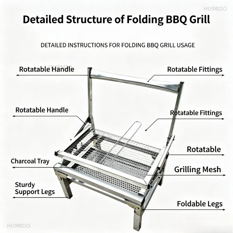 Stainless steel flip barbecue grill outdoor camping portable folding grill fish lamb chops rotating household barbecue grill