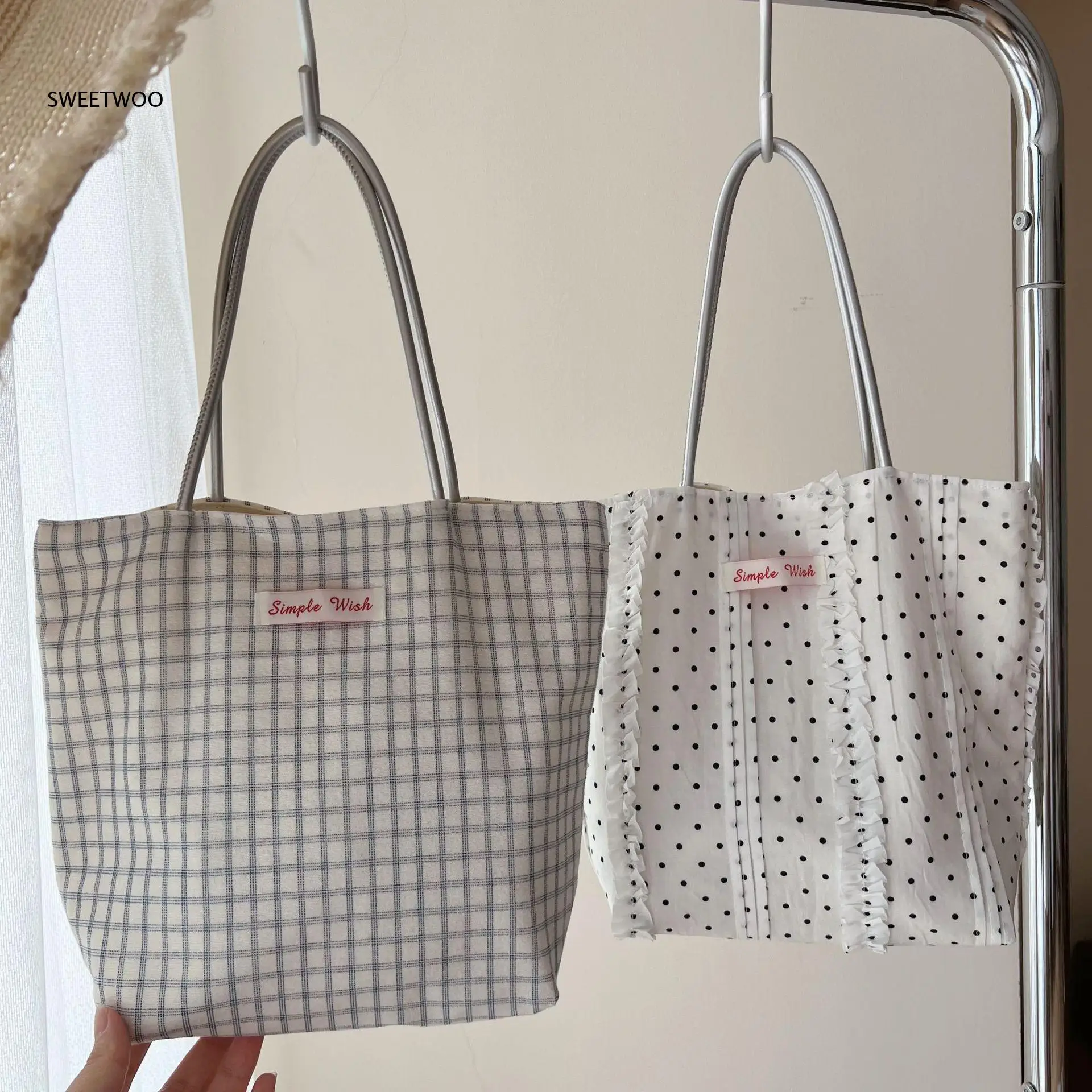 2026 Plaid Polka Dot Lace Combined Small Cotton Hand Bag Short Carry Strap Literary Minimal Daily Storage Women Pouch