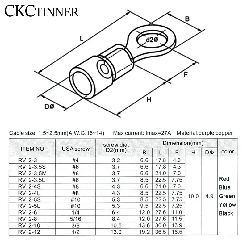 100Pcs A.W.G 16-14 RV Crimp Terminal Insulated Ring Wire Connectors Wiring Terminals Circular Round Cold Press Cable End Connect