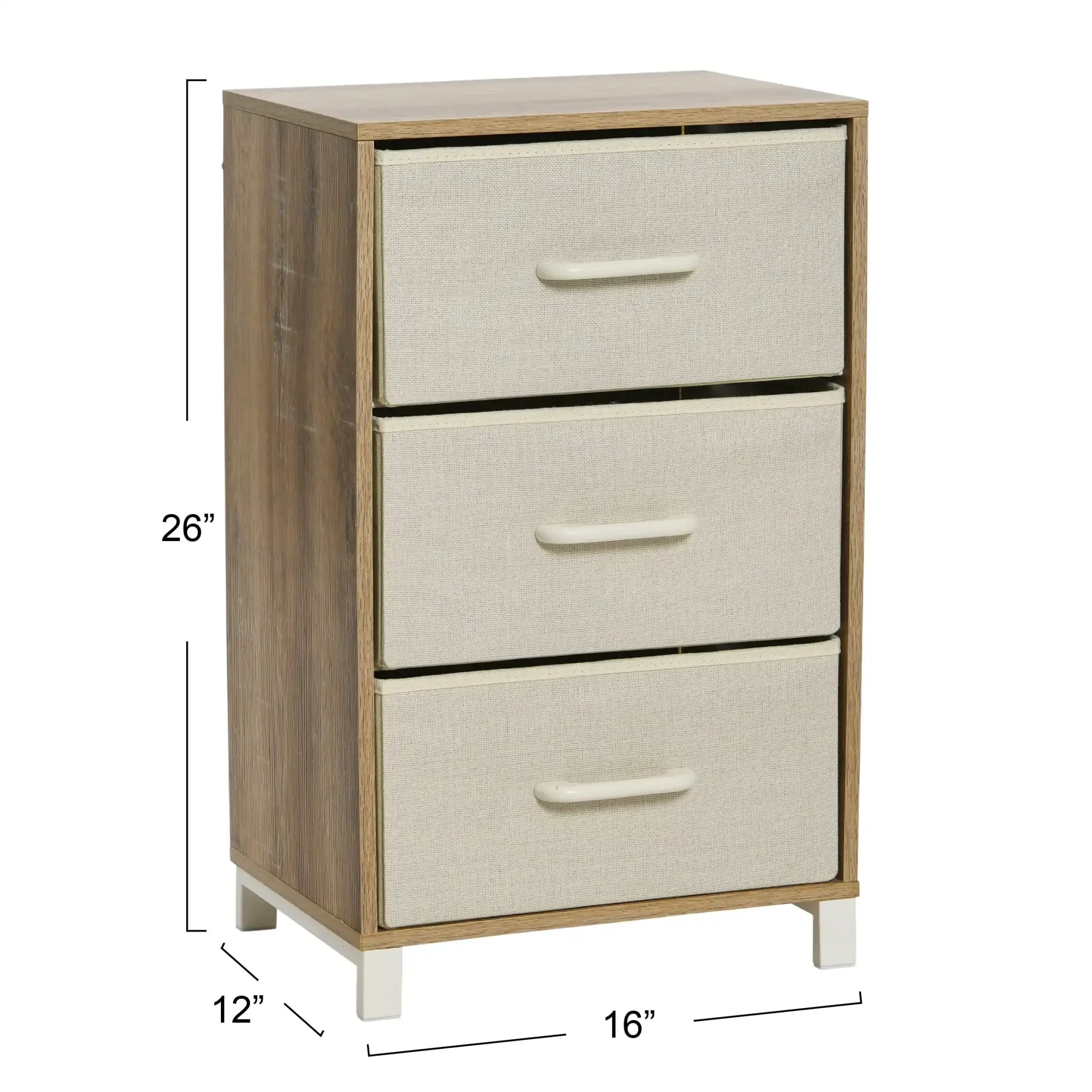 3 Drawer Dresser, Narrow Storage Chest, Multi-Color Drawers, Wire Backing and Metal Feet, Wood Handles, Coastal Oak Laminate