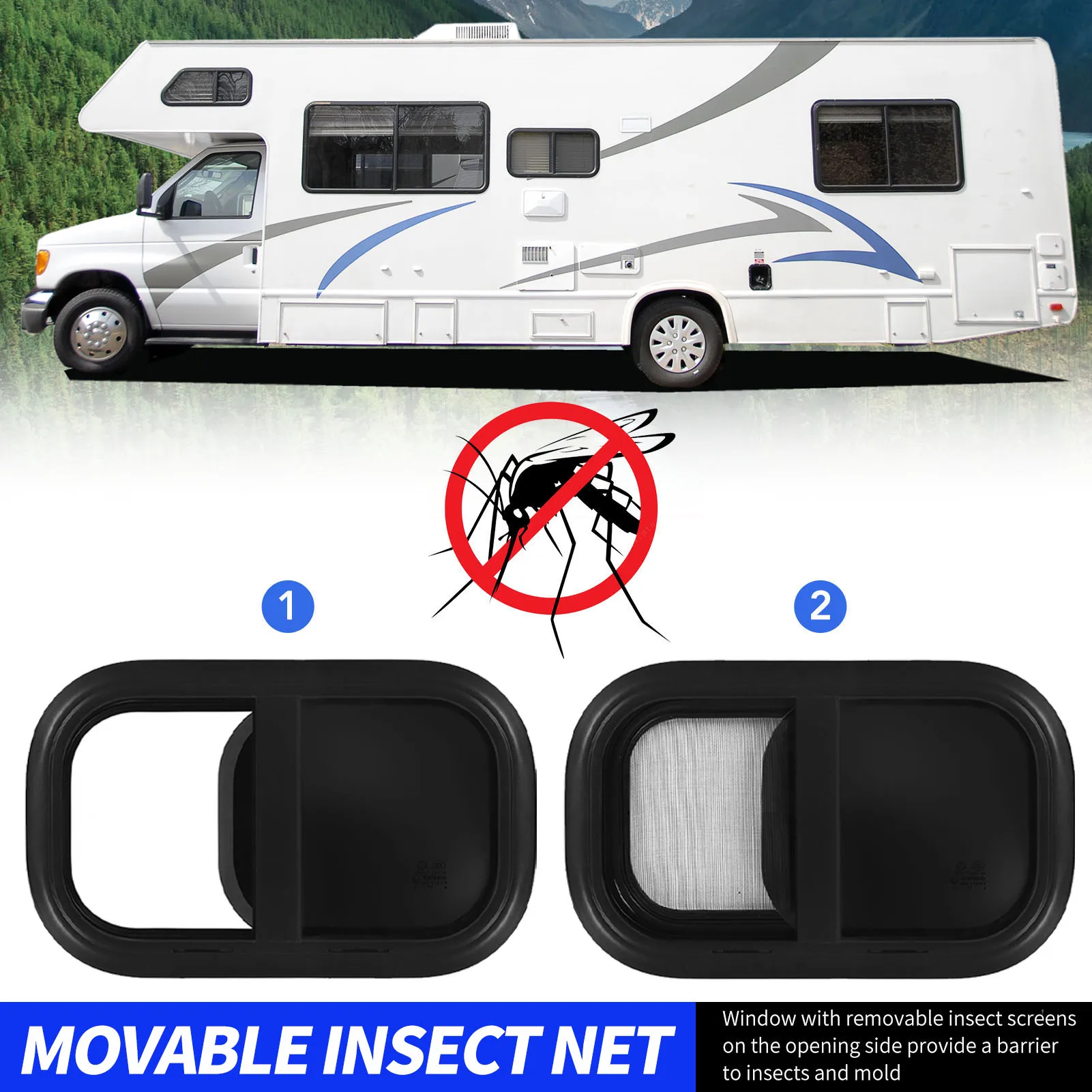 Motorhome Window RV Sliding Window L500 H300mm Tempered Glass UV Window Insect Screen for Trailer RV Sliding Window