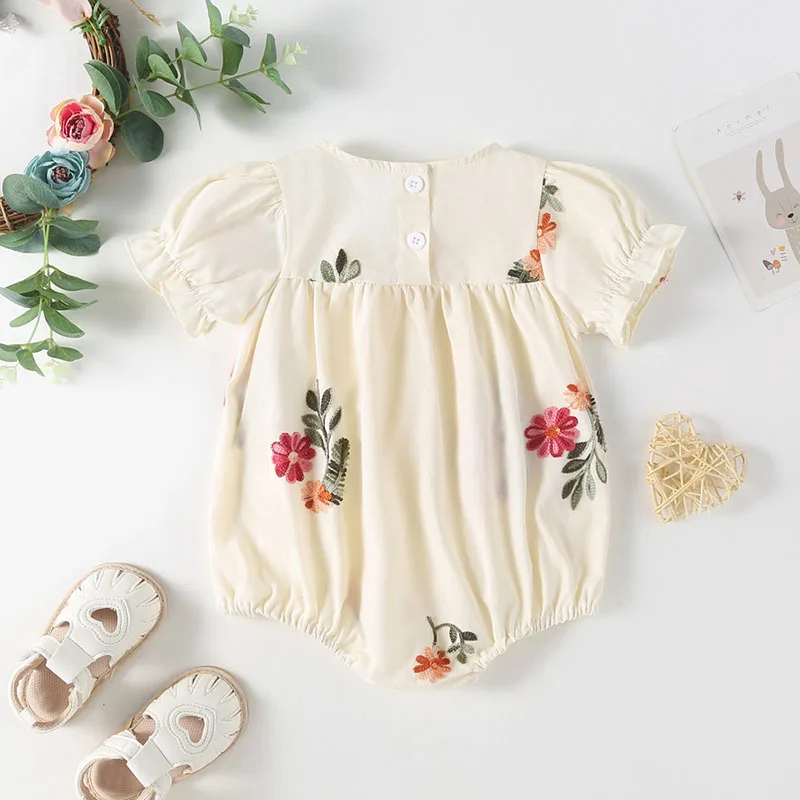 2026 Summer Infant Girls Floral Puff Sleeve Bodysuit Toddler Tee And Shorts 2PCS Sets ﻿Children\'s Outfit Embroidered Baby Sets