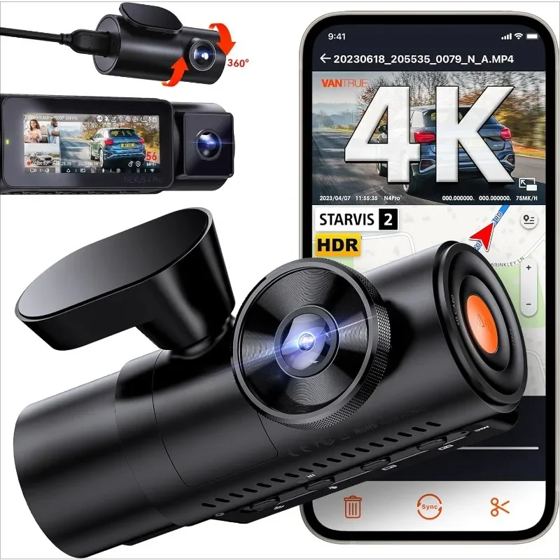 home.home.Channel 4K WiFi Dash Cam, STARVIS, 4K+1080P+1080P Front Inside and Rear Car Camera, 24H Parking Mode, Support 512GB Ma