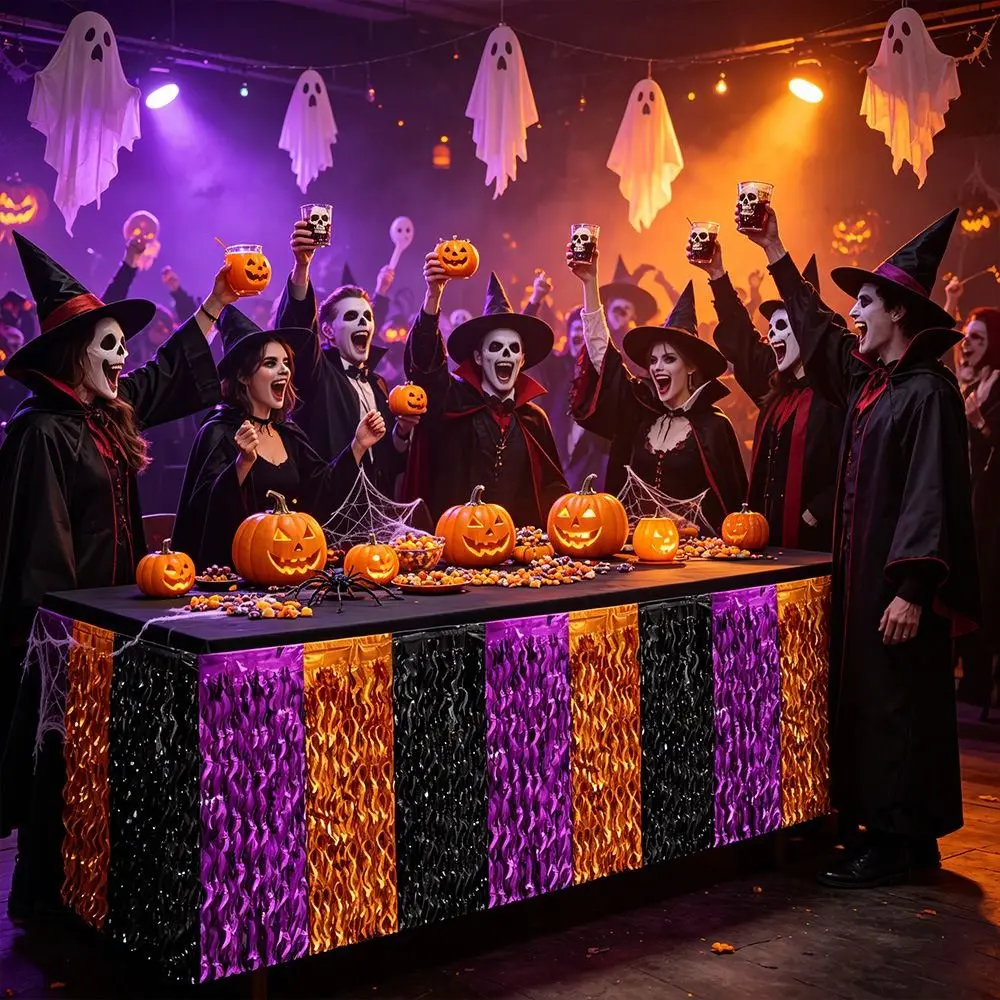 Black Purple Orange Halloween Table Skirt Metallic Tinsel Waving Gradient Foil Fringe Table Skirt PET Decorative Table Skirt