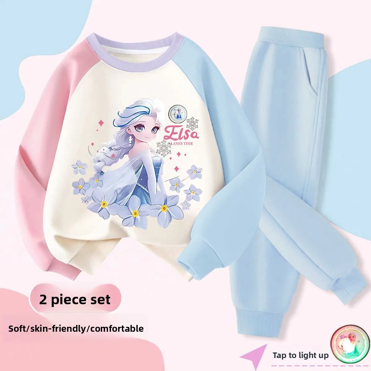 

MINISO весенне-осенний комплект с капюшоном и брюками принцессы Эльзы для девочек, осенне-зимнее плюшевое светящееся пальто для милых девочек