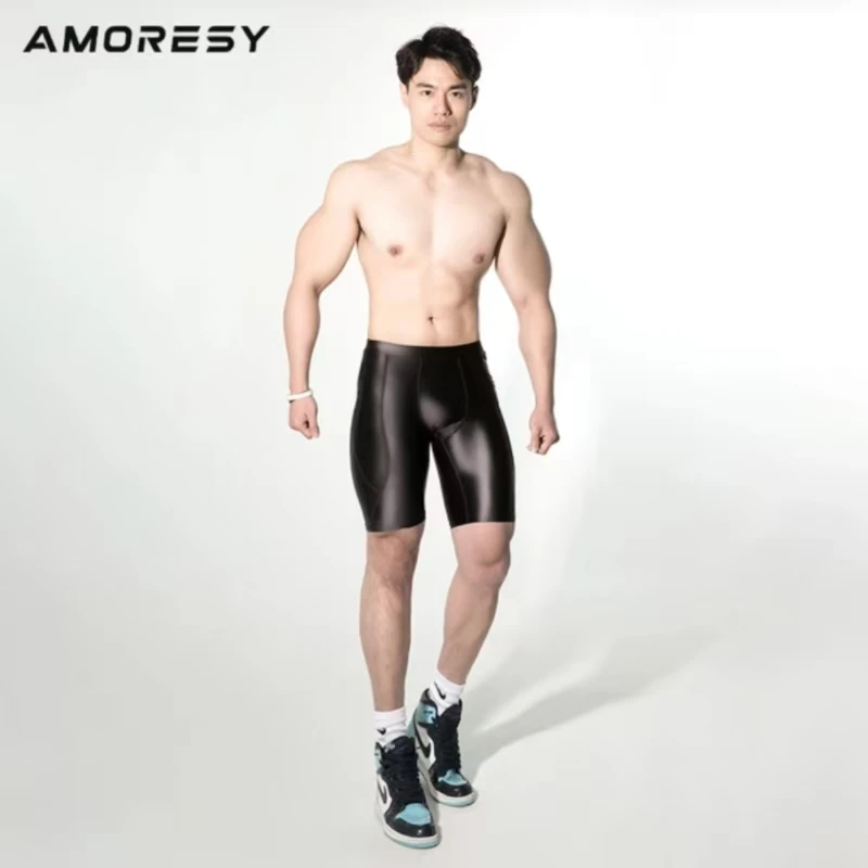 AMORESY Men's Tight Glossy Shorts Solid Color Slimming And Breathable Men's Sports Fitness Pants