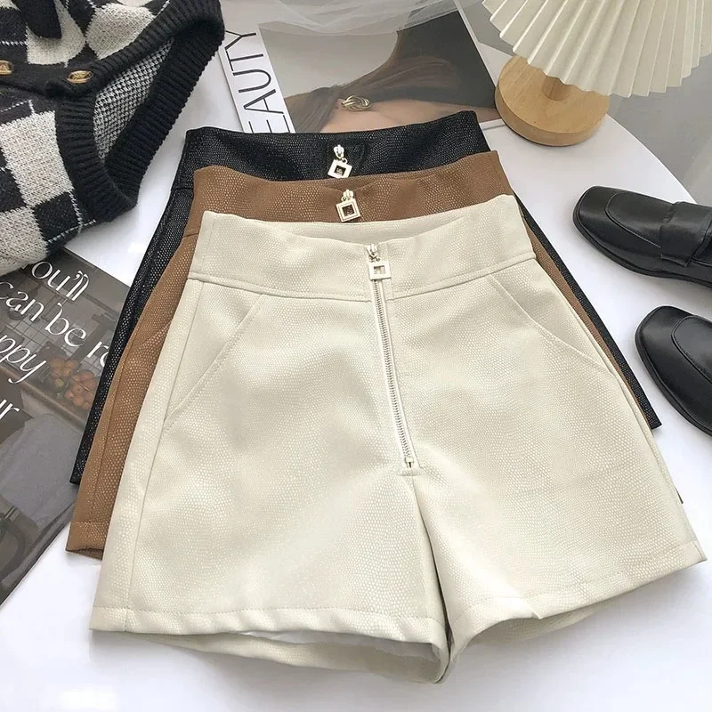 Ladies Casual Front Zipper Shiny PU Leather Shorts Women Clothing Girls High Waist Womens Shorts Female Sexy Clothes Vy8305