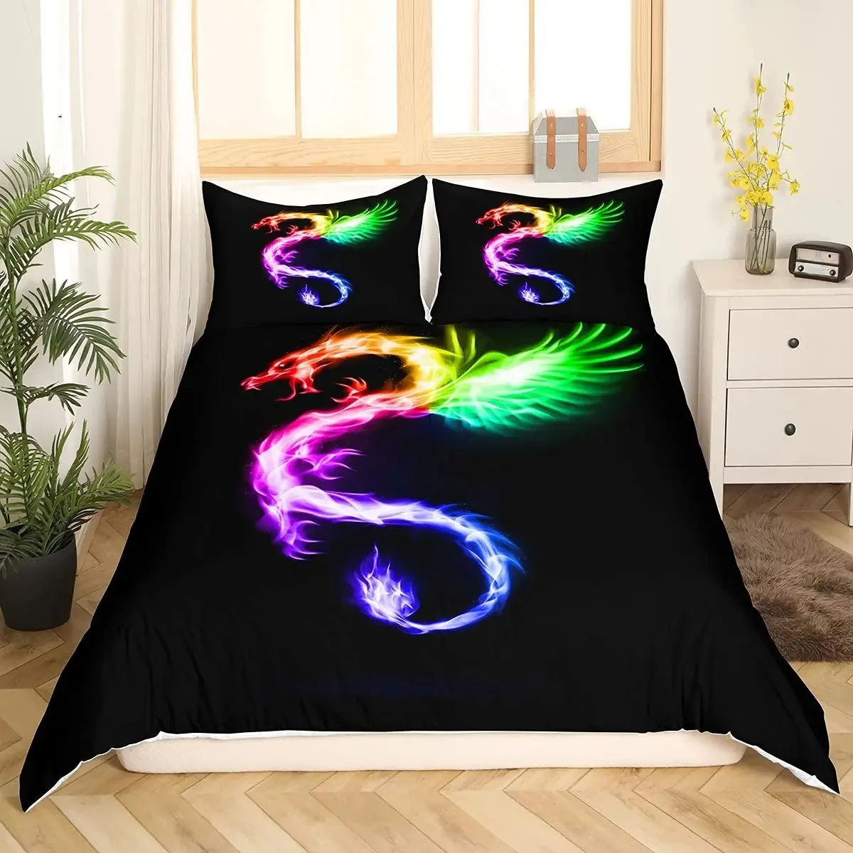 Boys Dragon Comforter Cover Queen Queen Full Size Colorful Dragon With Wing Bedding Set Trippy Magical Animal Duvet Cover Set