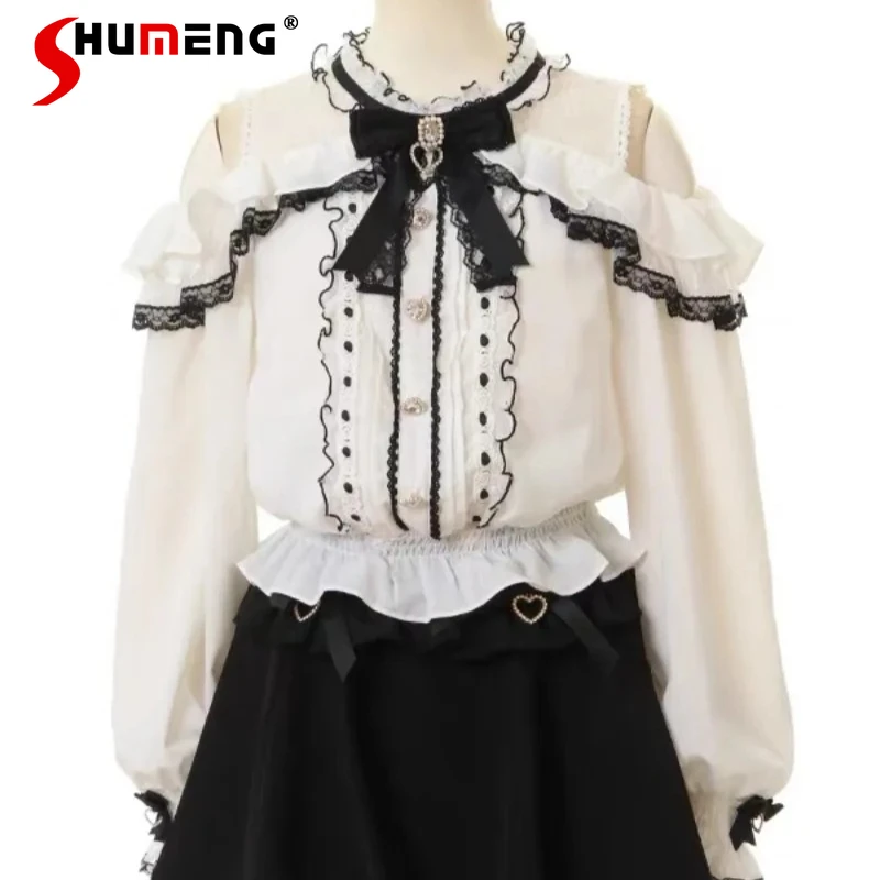 Autumn Top Classic Off-Shoulder Bowknot Shirt New Japanese Sweet Cute Long Sleeves Blouse Kawaii Clothes Y2k Blusas De Mujer