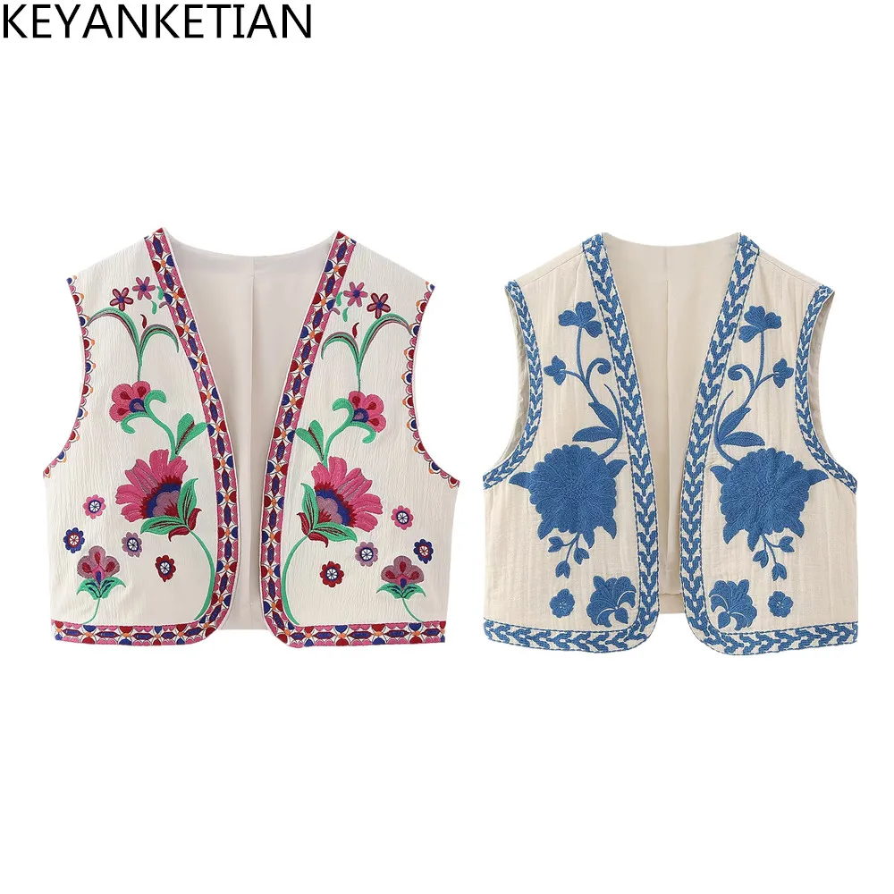 KEYANKETIAN 女性ヴィンテージ花柄刺繍オープンウエストコートレディースナショナルスタイルベストジャケット衣装カジュアル休暇クロップトップ