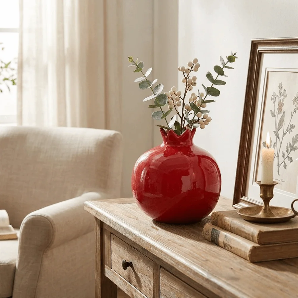 Craft Art Ceramic Simulated Pomegranate Vase Fruit Shaped Creative Desk Vase Handmade Bud Vase Office