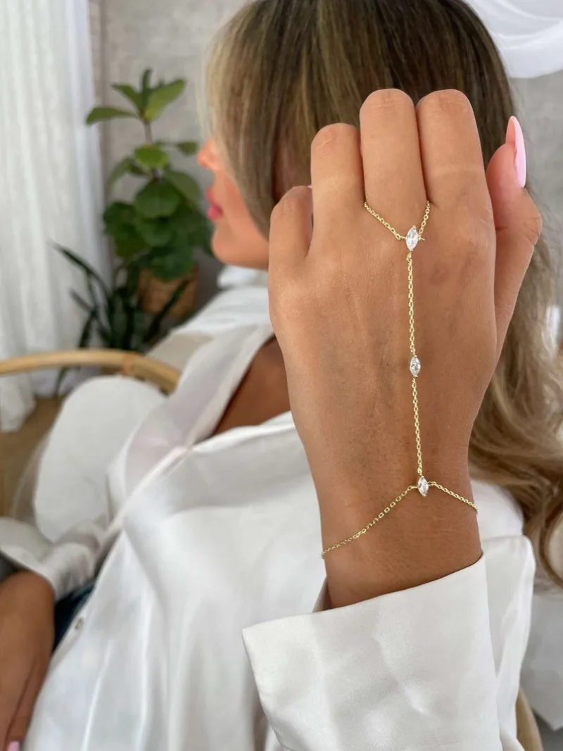 18K Gold Plated Hand Chain Bracelets for Women Mom Girlfriend, Silver Marquise Zircon CZ Ring Finger Bracelet Dainty Jewelry