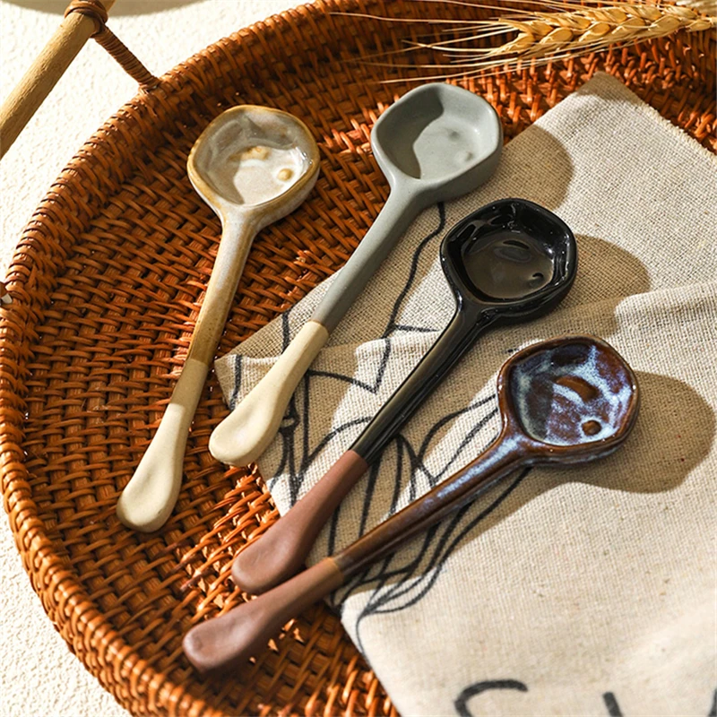 Long-handled Crooked Spoon Creamic Soup Spoons Retro Afternoon Tea Coffee Stirring Spoon Exquisite Stoneware Kitchen Tableware