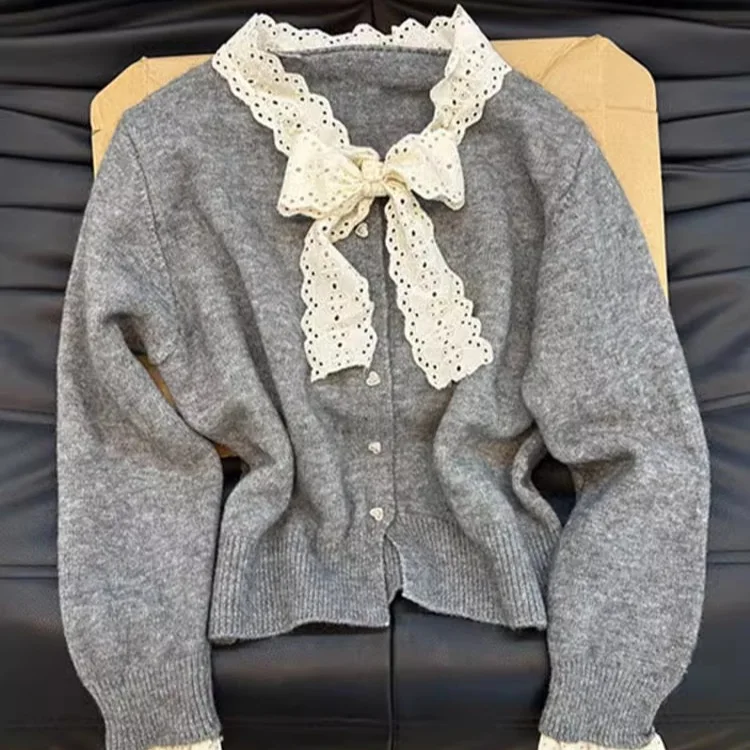 Frauen Stricken Jumper Feste Beiläufige O Neck Bogen Spitze Strickjacke Pullover Einreiher Dicken Pullover Dame Süße Herbst Winter