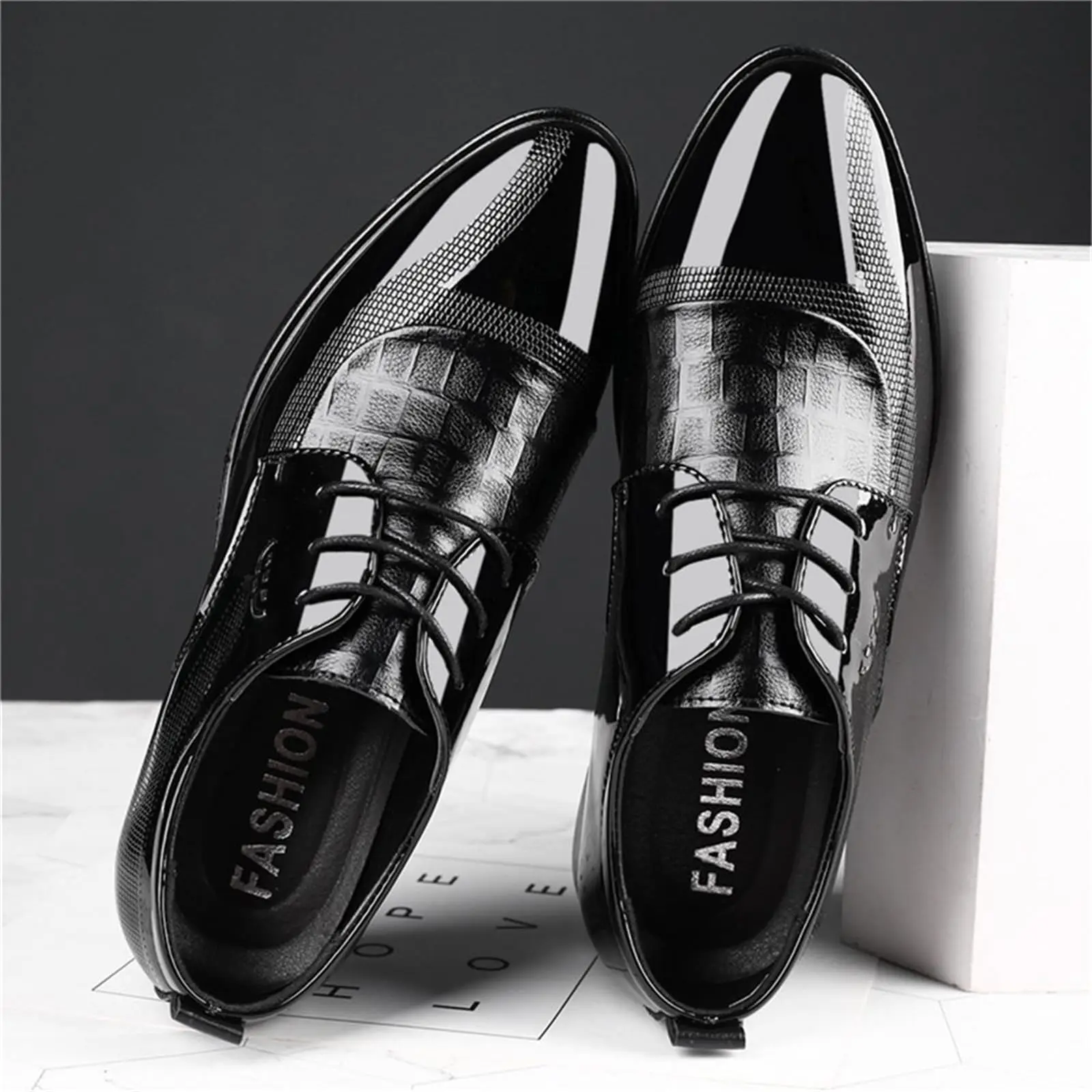 Mens Dress Shoes Formal Business Oxford Block Patent Leather Lace-up Comfortable Pointed Shoes For Men - Image 5