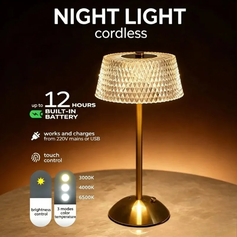 USB Rechargeable LED Desk Lamp, Retro Diamond Glass, Eye Protection for Bar Bedroom Hotel Office Wedding Cafe Home Decor