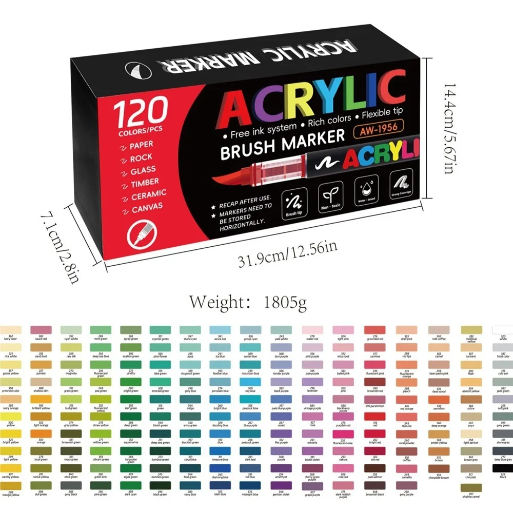 Juego de Marcadores Acrílicos Premium de 120 Unidades con Puntas de Pincel Suaves y Cómodas. Versátil para madera, piedra, lienzo, vidrio y tela para terminar sus trabajos artesanales y creaciones