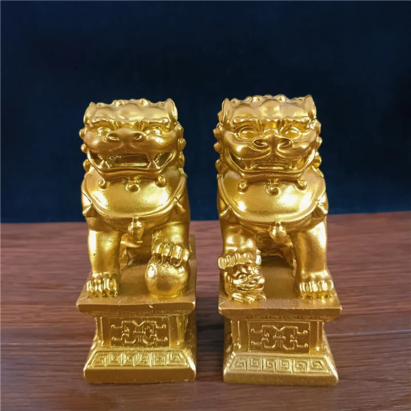2Pcs Gold Fu Foo Dogs Lions Statues Feng Shui Man-made Jade Stone Buddha Dragon Sculpture Figurines